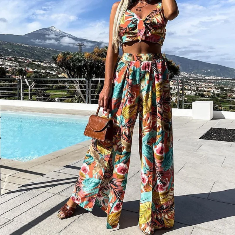 

Wepbel Casual Camisole Tops Sets Women 2 Piece Sets Outfits High Waist Loose Split Wide Leg Pants Summer Beach Wear Pants Sets