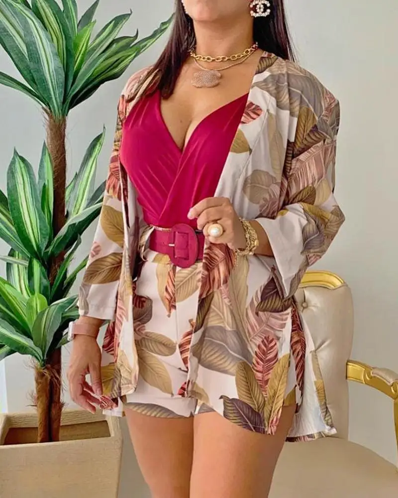 

Khaki Leaf Print Women's Shorts Suit 2021 New Office Lady Women's Suit