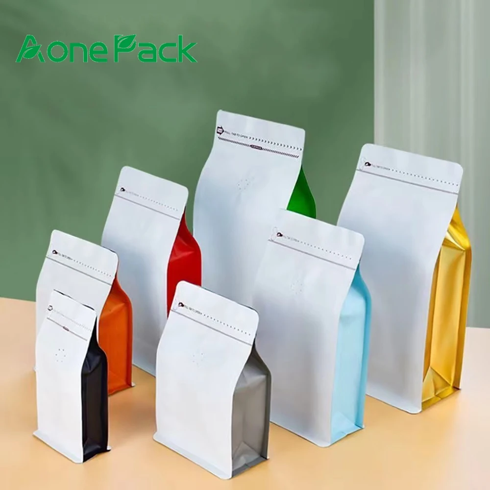 50шт Оптовая боковая подушка стоит вертикальный пакет с молнией с клапаном 125г 250г 500г 1кг Плоское дно Кофейные сумки.