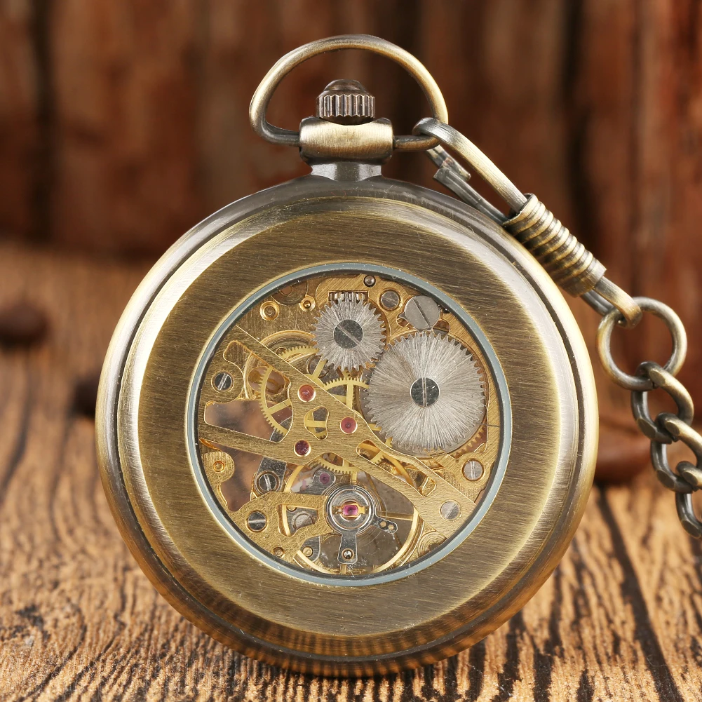 Bronze Open Face Manual Mechanical Pocket Watch Men Roman Numerals Skeleton Vintage Fashion Pendant Hand-Wind Pocket Clock