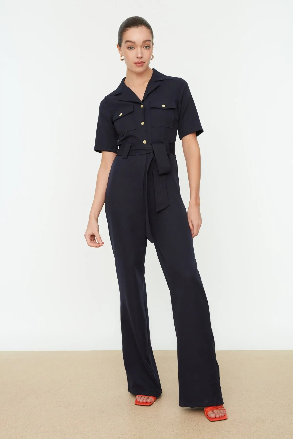 

Women's Overalls Navy Blue Belted Buttoned Jumpsuit Hot Style Quality Fabric Sleeveless Baggy Trousers Casual Jumpsuit