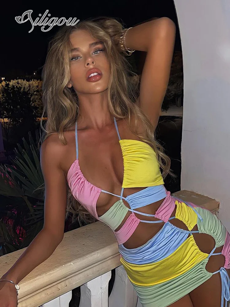 

Ailigou New Women's Double Patchwork Skinny Mini Dress Female Celebrity Festive Party Clothing Sexy Carnival Nightclub Clothing
