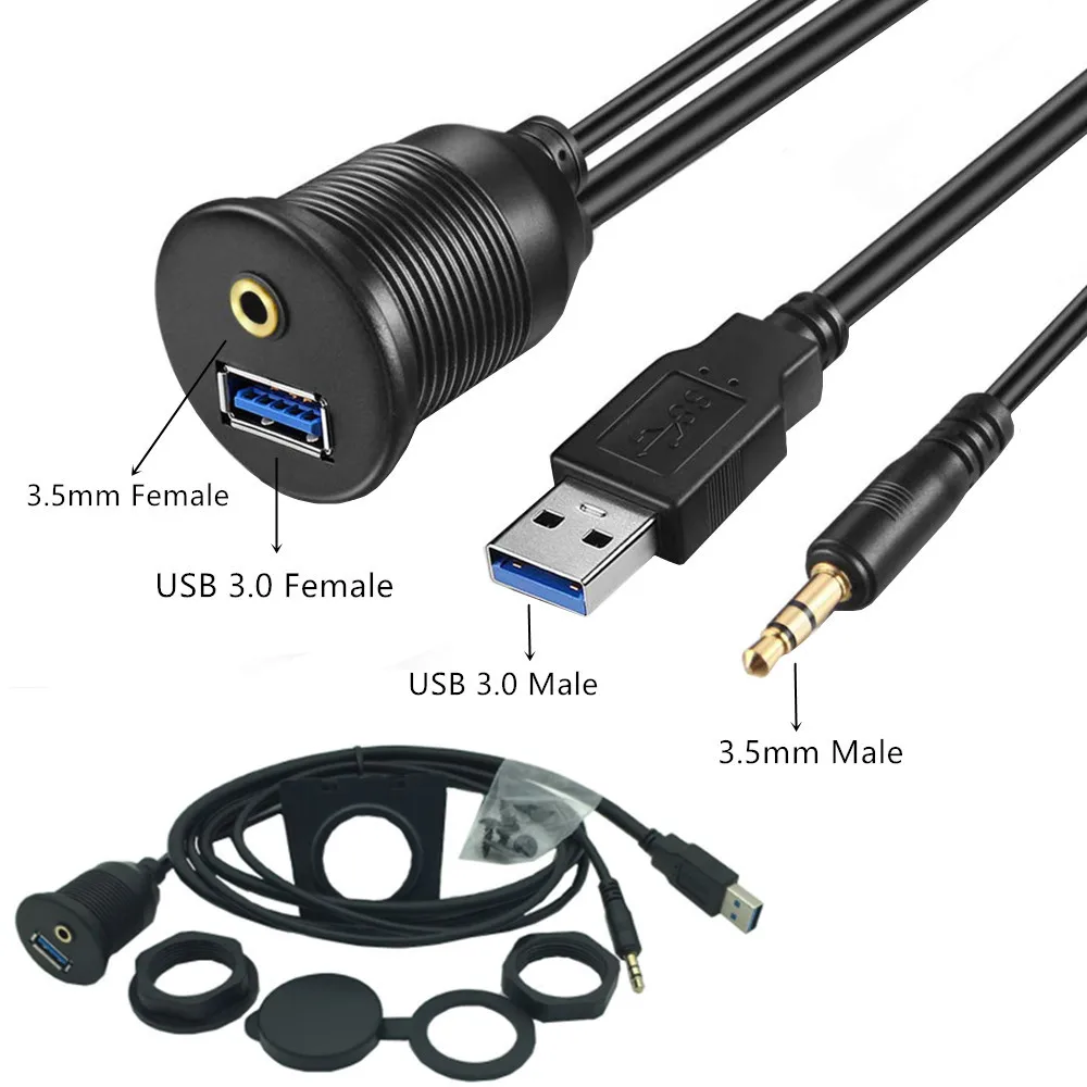 

Car Boat Dashboard Flush Mount USB 3.5mm 1/8 Auxiliary Extension Cable Lead Mounting Panel 1m/2m