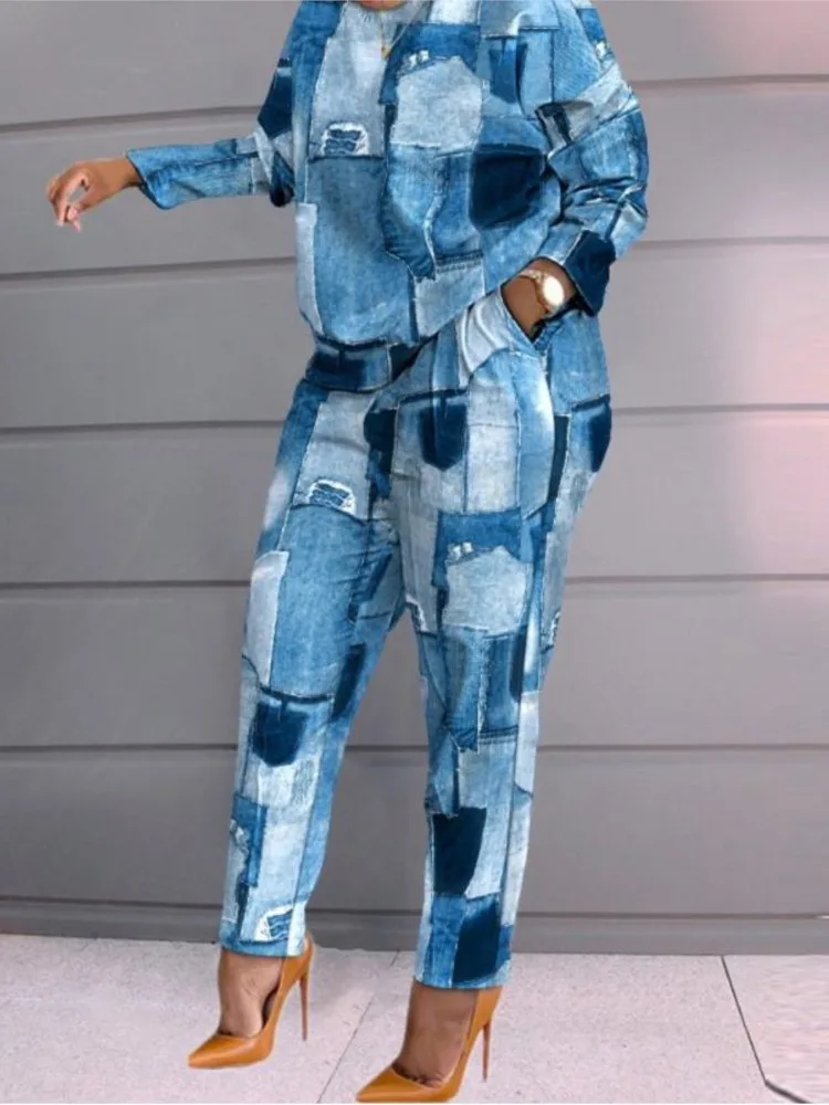 

Женский Повседневный комплект из двух предметов, топ с круглым вырезом и длинными рукавами с принтом и карманами, длинные брюки, осень-весна 2023