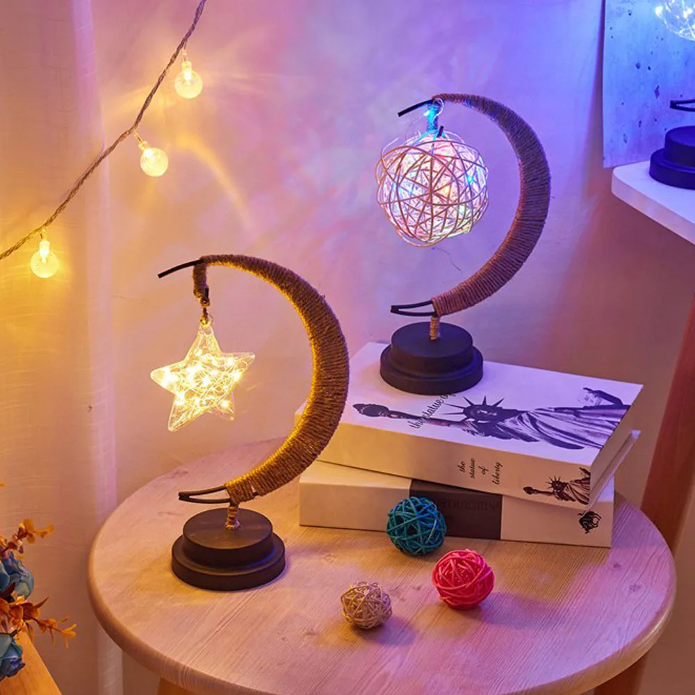 

LED Moon Lamp Line Rattan Handmade Hemp Rope Wrought Iron Night Light Home Decoration Night Lamp Christmas Gifts