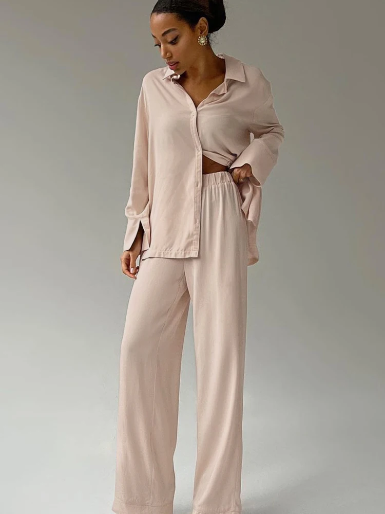 

Linad Loose Women's Nightwear 2 Piece Sets Beige Long Sleeve Pajamas Female Trouser Suits 2023 Spring Casual Sleepwear Solid