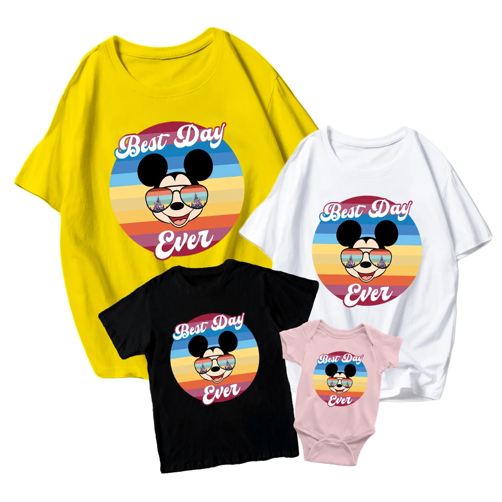 

Disney Mickey Mouse with Sunglasses Cartoon Graphics Family Look Casual Kids Short Sleeve Baby Romper New Unisex Adult T-Shirt
