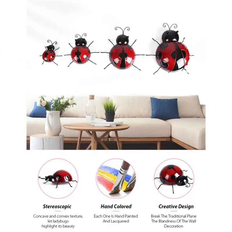 

2/4/5PCS Outdoor Garden Decorative Figurine Art Ornament 10/16cm Metal Ladybug Insect Wall Artwork Fence Hanger Ornaments