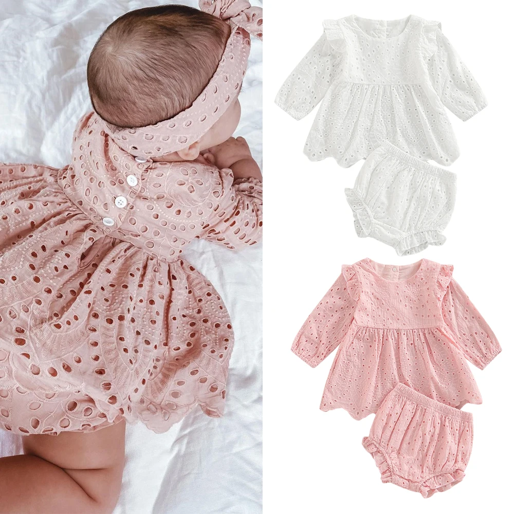 Lovely Newborn Baby Girls Clothes Sets 0-24M Solid Hollow Out Ruffles Long Sleeve Pleated Dress+Shorts Bloomers Cotton Outfits