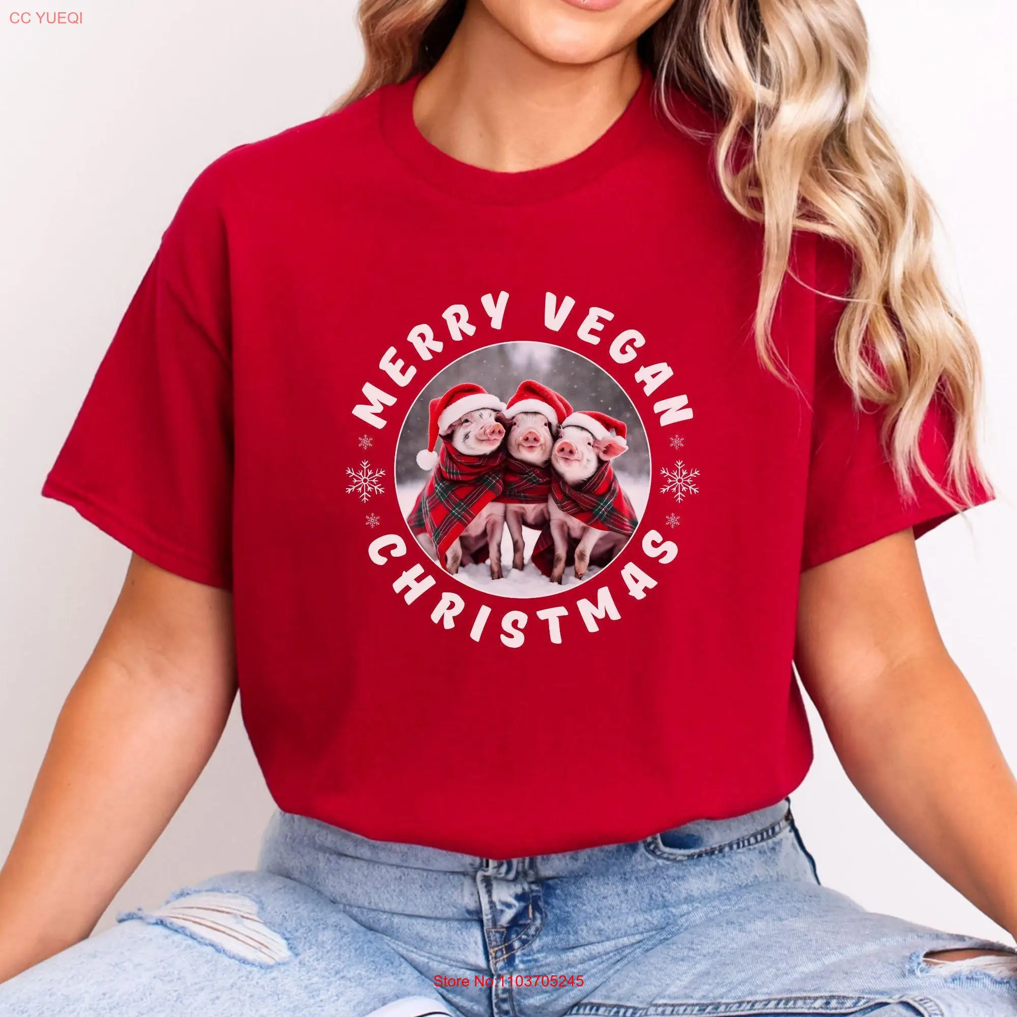 Рождественская футболка Merry Vegan Holiday Plant на основе красного цвета с длинными или