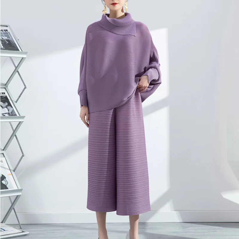 Женский однотонный брючный костюм Miyake Свободный Повседневный Комплект из двух