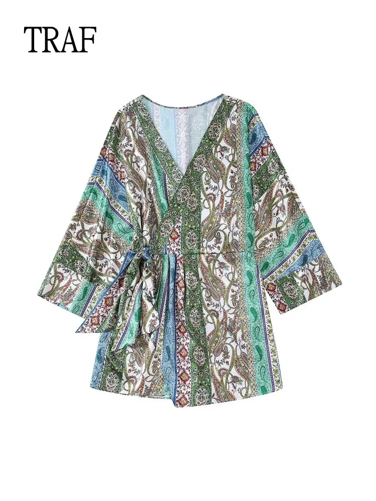 

Короткий женский комбинезон TRAF в стиле пэчворк, винтажный комбинезон с принтом, женская одежда, Свободный Повседневный Женский праздничный...