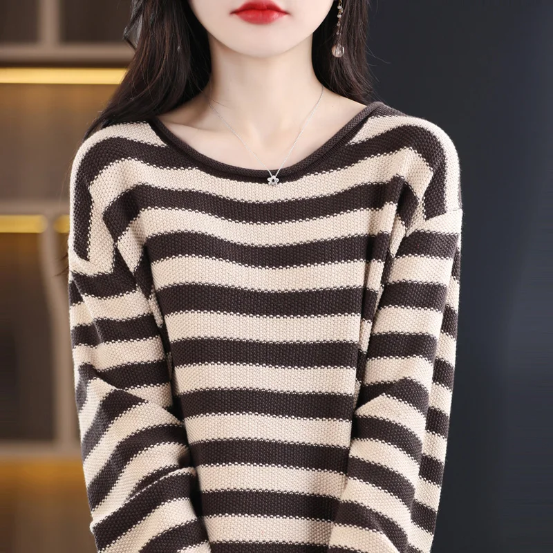 

100% Cotton Woman Spring And Autumn Stripe Curled Collar Pullover Sweater Coat Knit Fashion Bottoming Shirt New Top