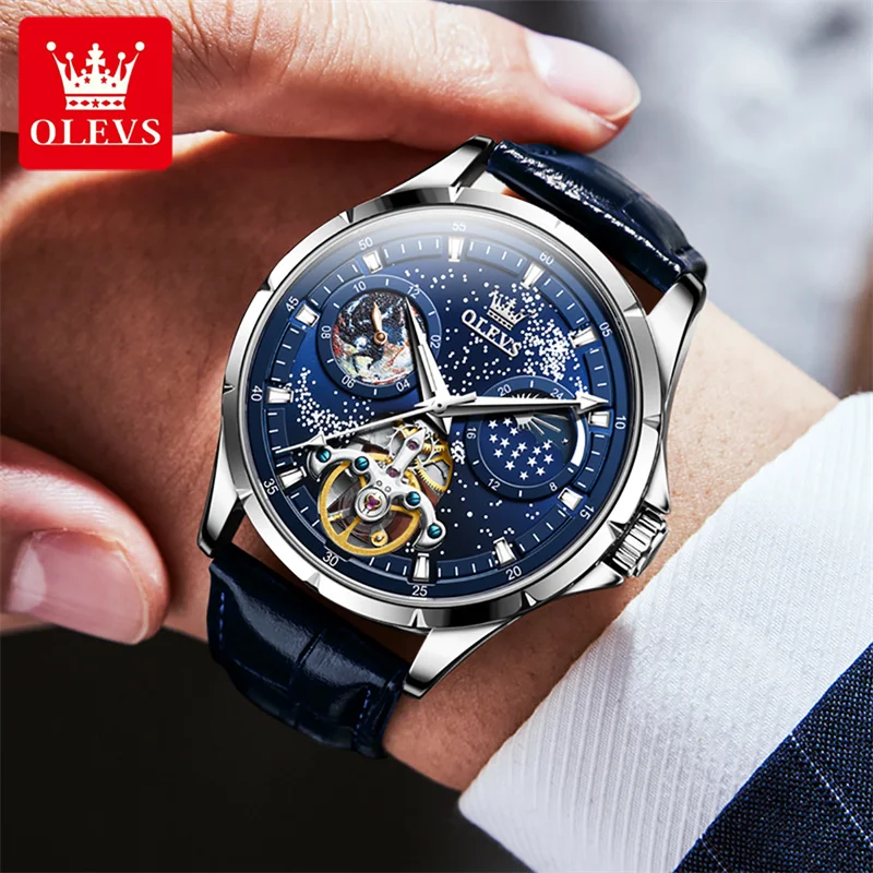 OLEVS 2023 New Luxury Luminous Automatic Mechanical Watches Men Waterproof Top Brand Blue Leather Tourbillon Wrist Watch Relogio