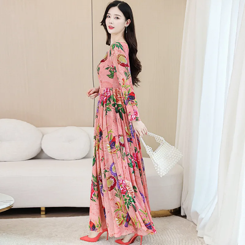 Spring Summer Pink Floral Flare Sleeve Maxi Dress Muslim Women Vintage Chic Luxury Party Night Dress 2023  muslim dress