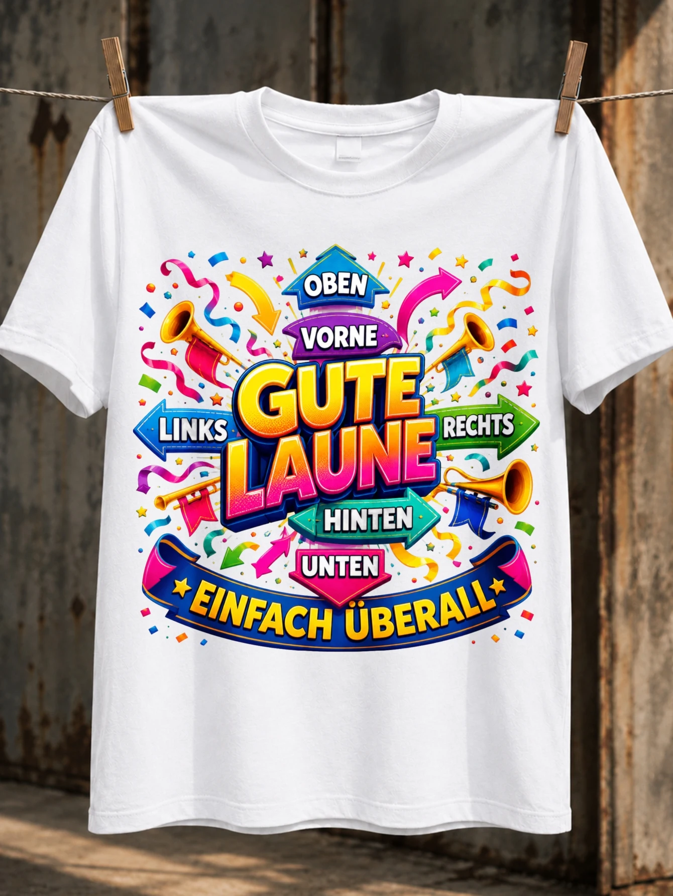 Фото Футболка унисекс Gute Laune Carnival с принтом в виде разноцветных стрелок, конфетти и флейт для праздничных мероприятий. №1