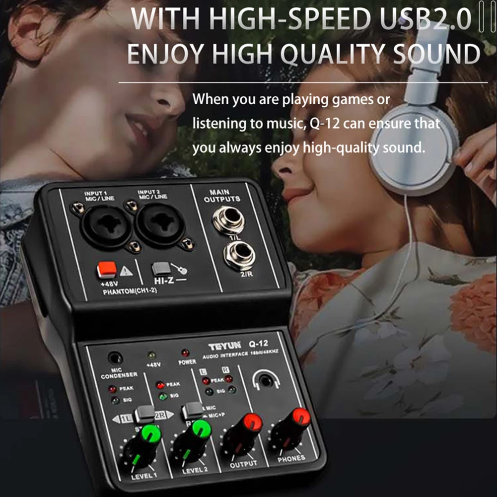 

Audio Mixer Professional 48V Power Stereo Sound Card Electric Guitar Live Broadcast Recording for Studio Singing Computer PC