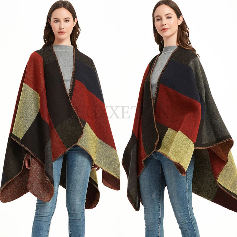 

Fashion Winter Warm Plaid Ponchos and Capes for Women Oversized Shawls Wraps Cashmere Pashmina Female Bufanda Mujer