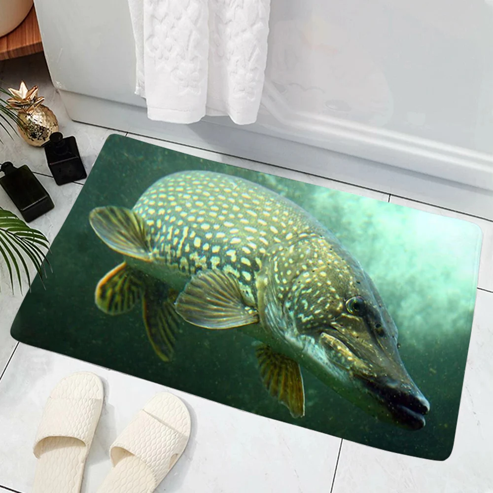 

Pike Fishing House Doormat Decor 3D Print Animal Doormat Decor Carpet Soft Flannel Non-Slip Doormat for Bedroom Porch