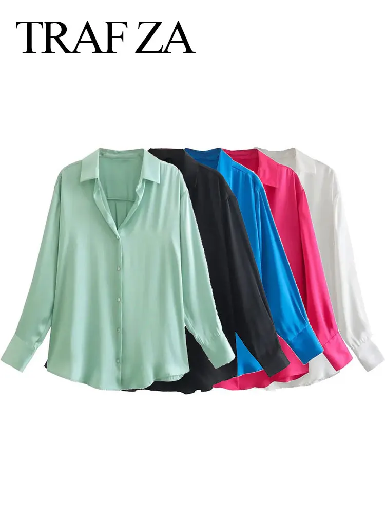 

TRAF ZA 5 Colors Fashion Women's Blouse Vintage Casual Loose Lapel Blouse Single Breasted Long Sleeve Shirts Chic Office Lady