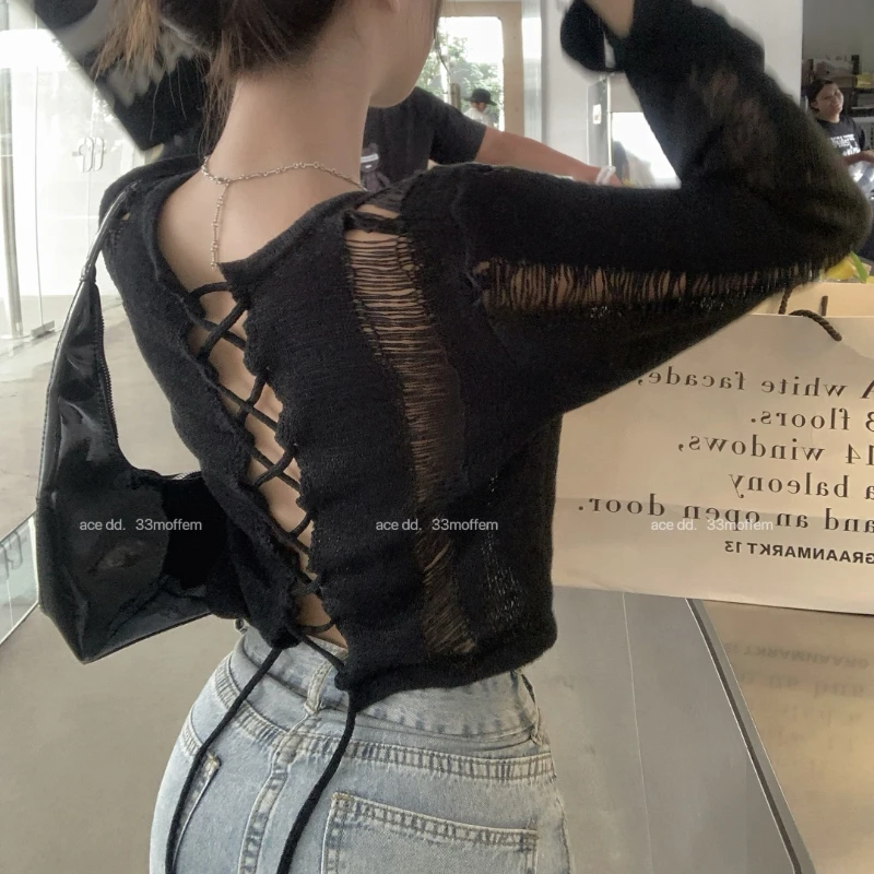 

Y2k, вязаная футболка цвета хаки с разрезами, популярный свитер для девушек с длинным рукавом, блузка, Осенние облегающие Короткие топы