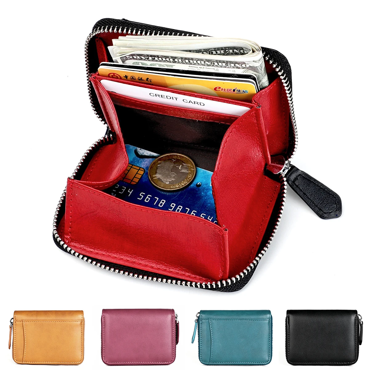 

Fashion Coin Pouches Real Leather Credit Card Rfid Blocking Wallet Men and Women Slim Small Money Coins Keys Cards Zipper Bag