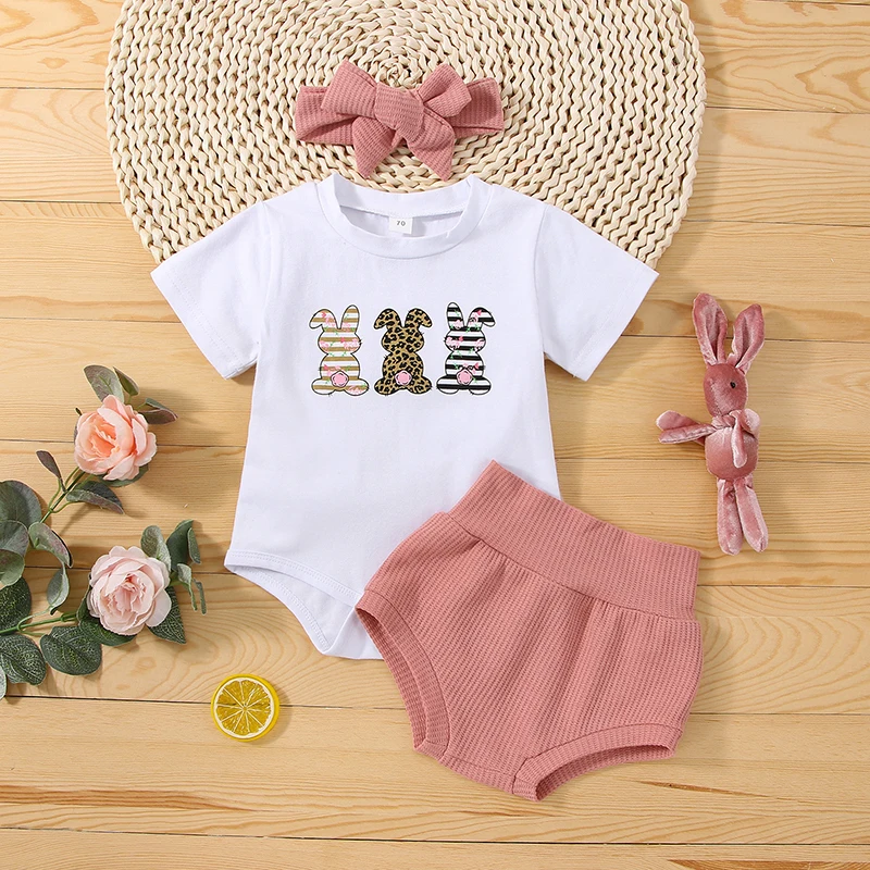 

3-Piece Easter Outfit for Baby Girls Short Sleeve Rabbit Print Romper Elastic Waist Shorts and Hairband Set
