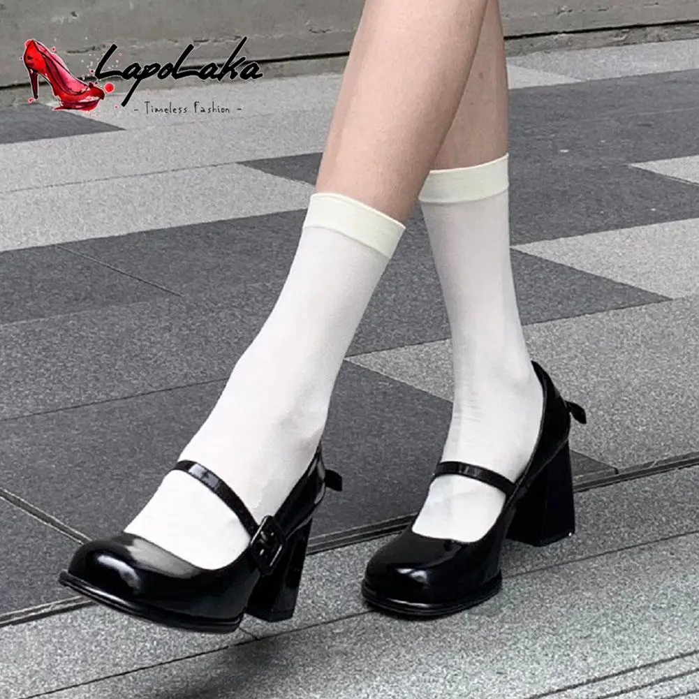 Chunky Heeled Women Pumps 2023 Sweet CuteMary Jean Shoes Spring Summer Buckle Strap Element Pumps Black Patent Leather Pumps