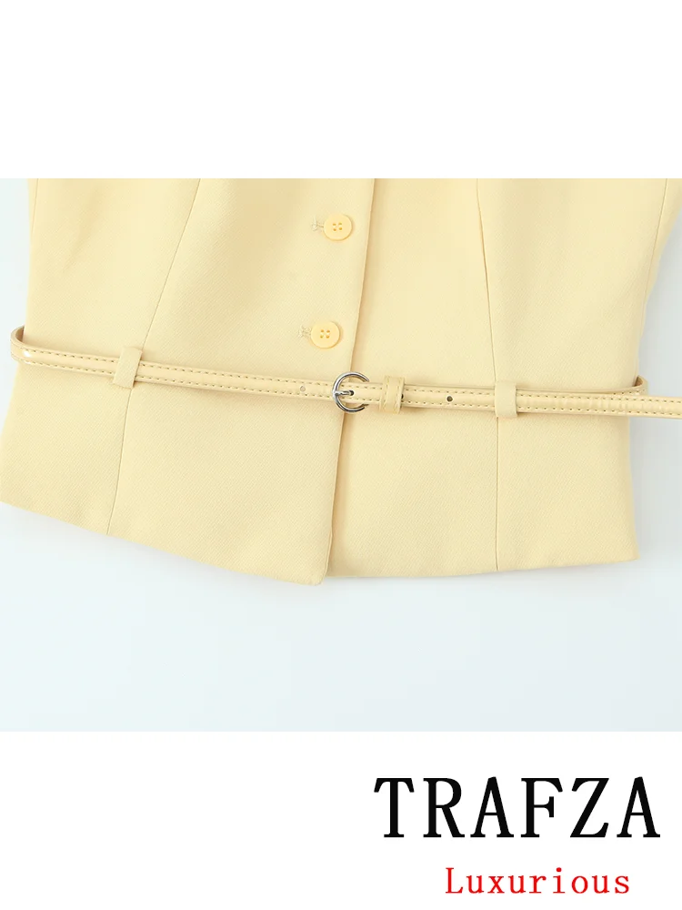 Trafza Женский Винтажный Однотонный Костюм С Поясом Однобортный Топ Бретелькой На