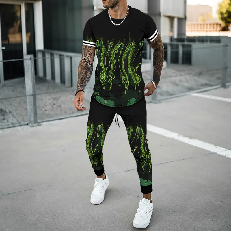 The Tentacle Men's oversized Tracksuit 2 Pieces Sets Men Casual Fitness Short Sleeve T Shirt+Trousers Men's Casual Sportswear Su