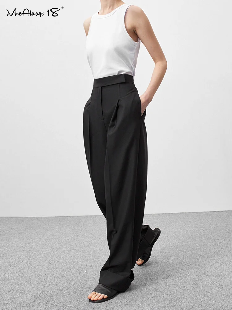 

Mnealways 18 Spring Summer Black Ladies Office Trousers Women High Waist Pants Pockets Female Pleated Wide Leg Pants Solid 2023