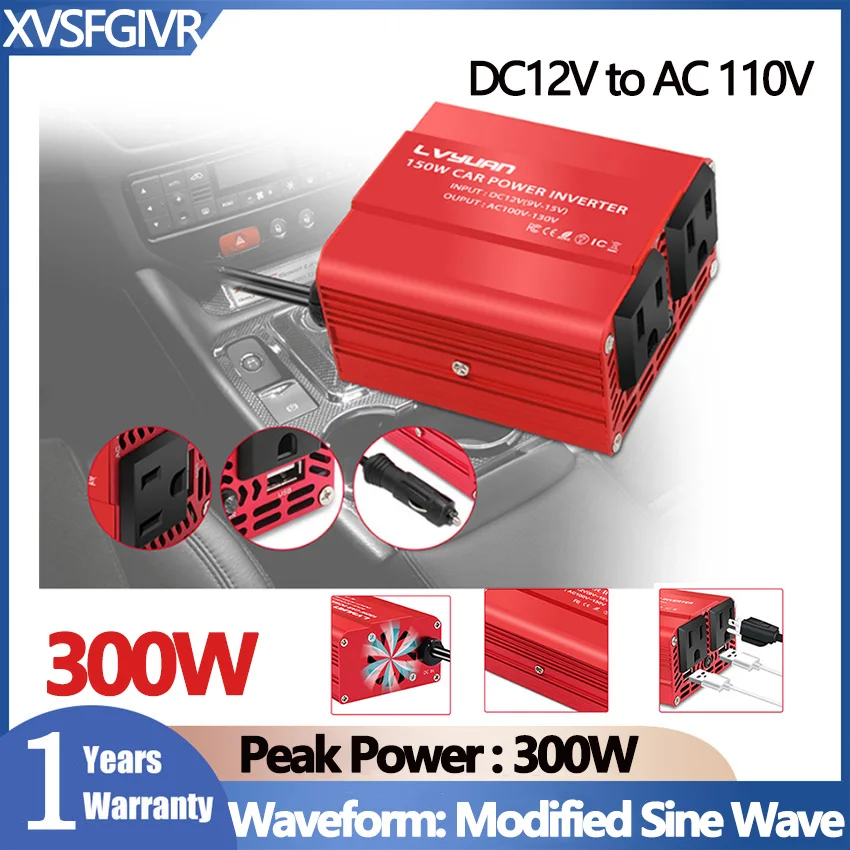 

300W Auto Inverter DC12V to AC 110V Modified Sine Wave Charger Dual USB ports Car Power Inverter Converters