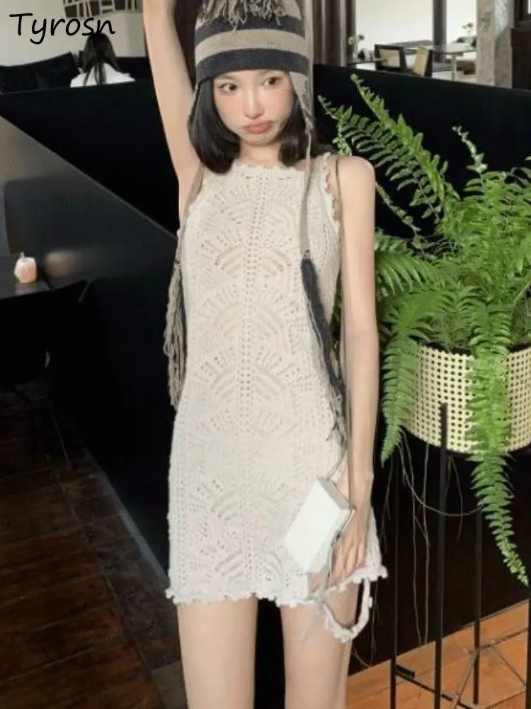 

Sleeveless Dresses Women Hollow Out Retro Slim Sexy Mini Hot Girls Vestidos Ulzzang Casual Creativity Fashion Design Simple Pure
