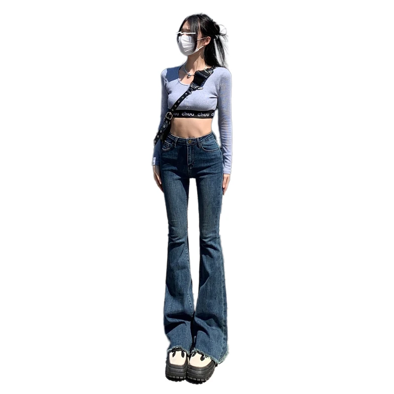 Low Waisted Y2K Flare Jeans Aesthetic Retro Cute Denim Sweatpants Streetwear Fashion Harajuku Casual Cowboy Trousers With Pocket