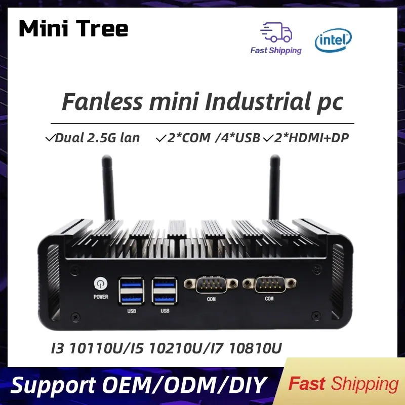 

10th Gen Fanless Mini PC i7 10610U i5 10210U i3 Industrial Desktop Computer Dual LAN 2*COM 2*HD-MI DP 4*USB WIFI