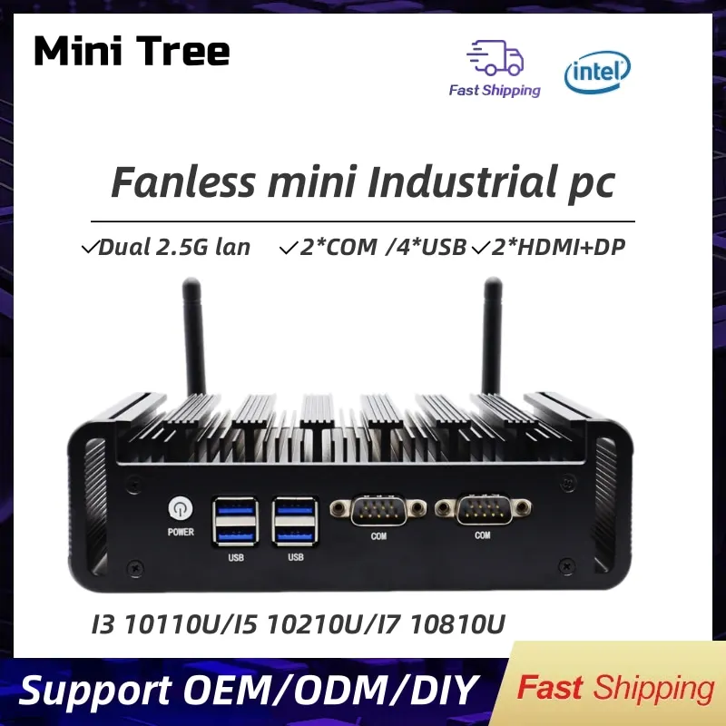 

Мини-ПК 10-го поколения без вентилятора i7 10610U i5 10210U i3, промышленный настольный компьютер с двойной LAN 2 * COM 2 * HD-MI DP 4 * USB WIFI