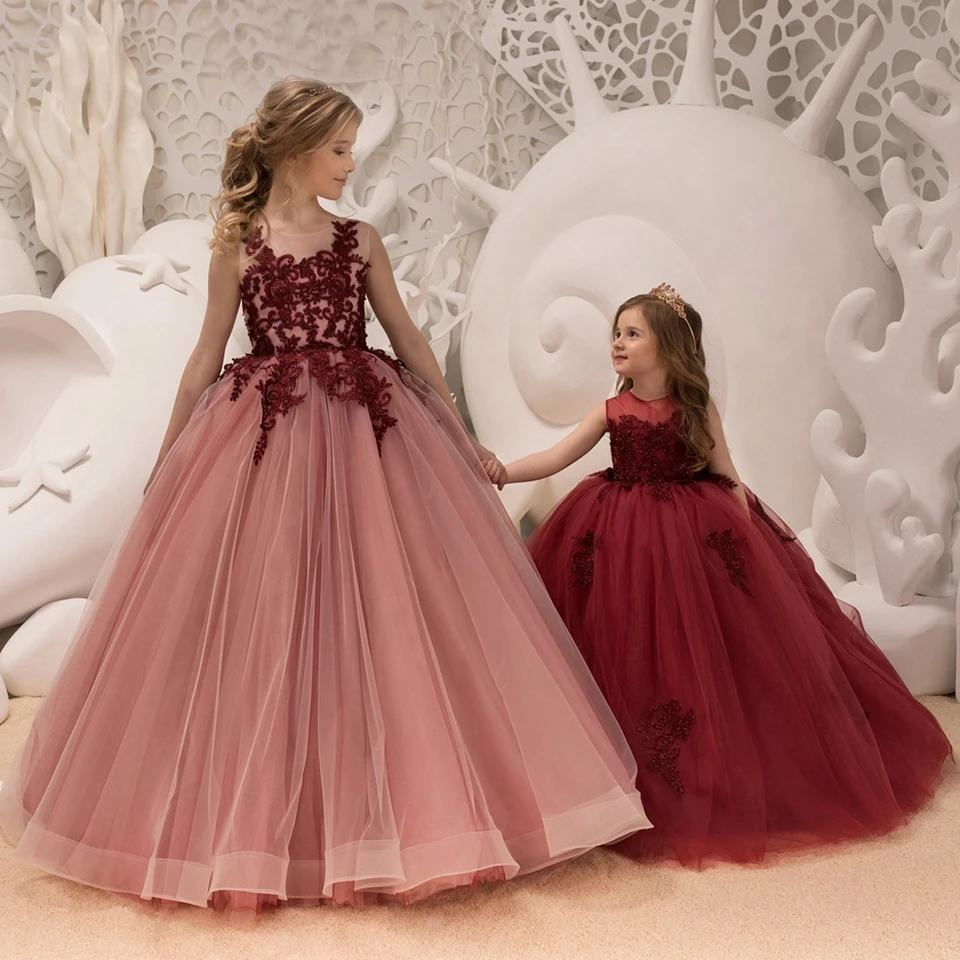 

Elegant Red Sleeveless Flower Girl Dresses For Wedding Tulle Appliques A-line Floor Length Princess First Communion Gowns Birth