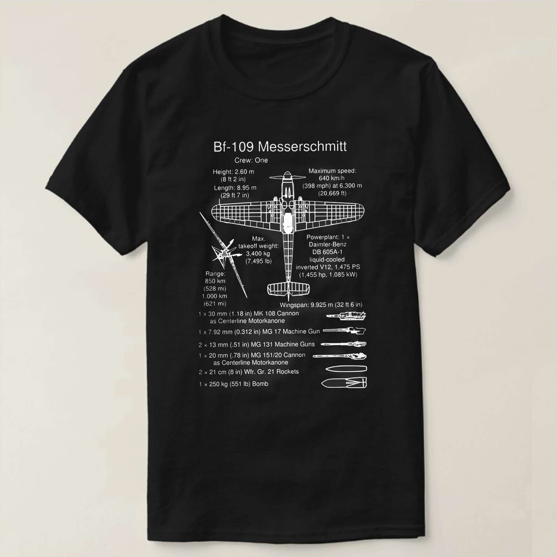 

WWII German Messerschmitt Bf 109 Fighter Infographics T-Shirt New 100% Cotton Short Sleeve O-Neck T-shirt Casual Mens Top