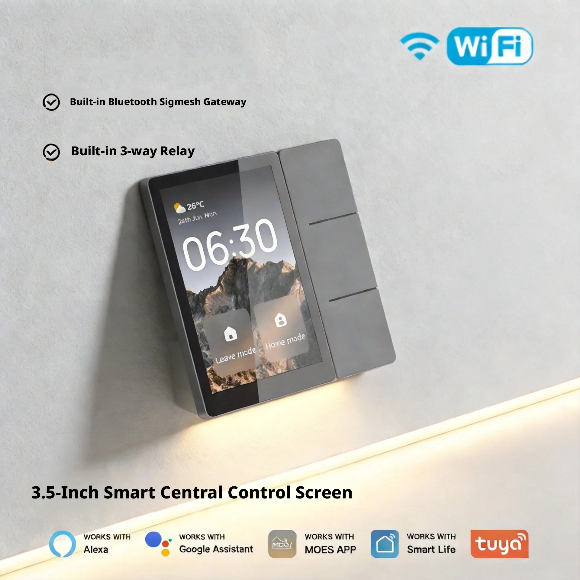 Фото Умный центральный экран управления Tuya Smart Life с Wi-Fi, 3,5 дюйма, с 3 релейными переключателями и встроенным Bluetooth-шлюзом. №2