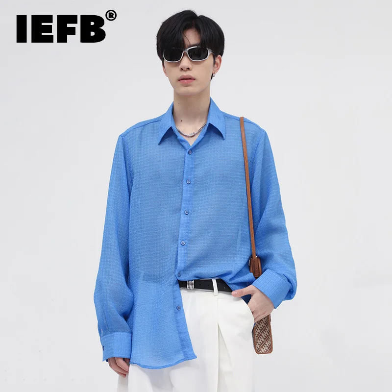 

IEFB Men's Blue Shirts 2022 Spring Summer New Korean Fashion Loose Solid Color Casual Oversized Blouse Lapel Clothing 9A0876