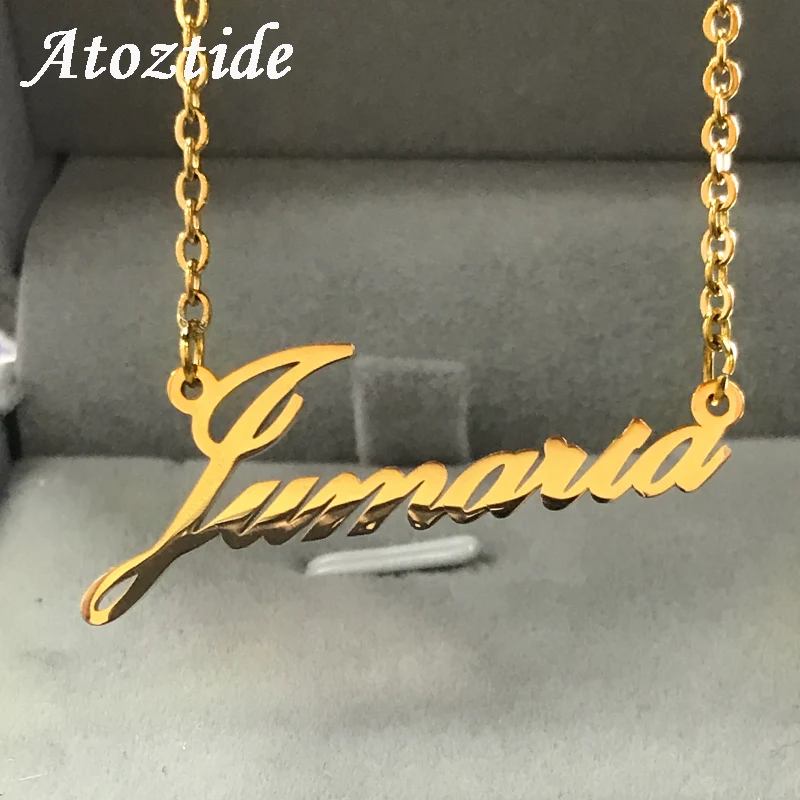 

Atoztide Stainless Steel Personalized Custom Name Necklace Mirror Surface Gold Choker Necklace Pendant Nameplate Gift
