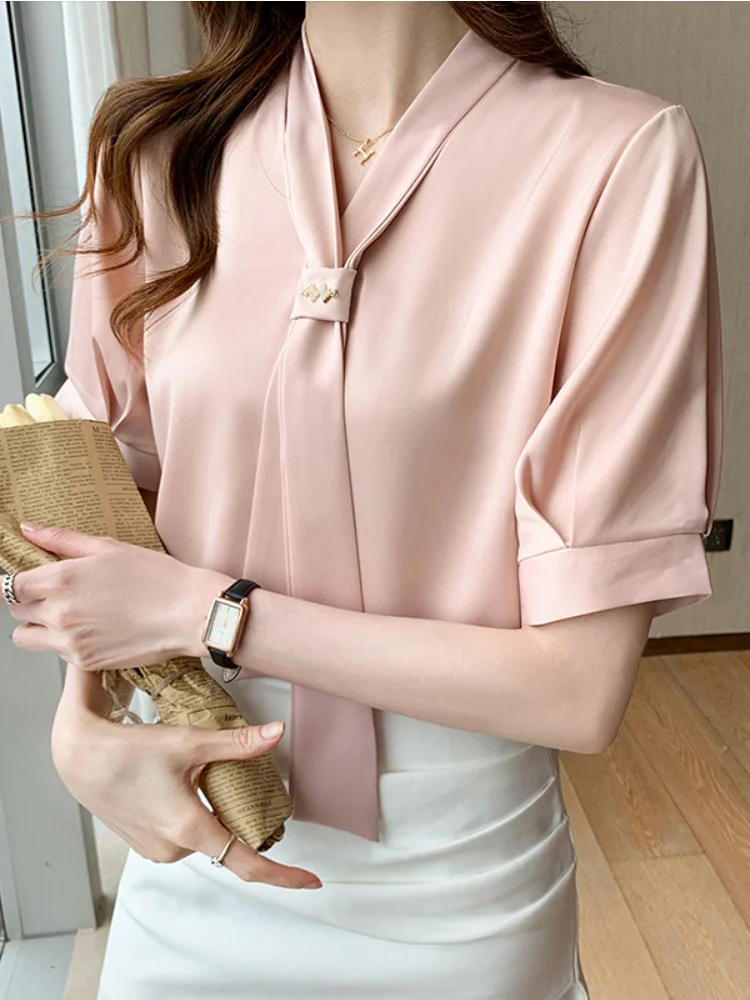 

Fashion Woman Blouses 2023 Short Sleeve Women's Elegant Blouse Silk Ribbon Shirts Summer Female Clothing Tops Womens Sexy Blouse