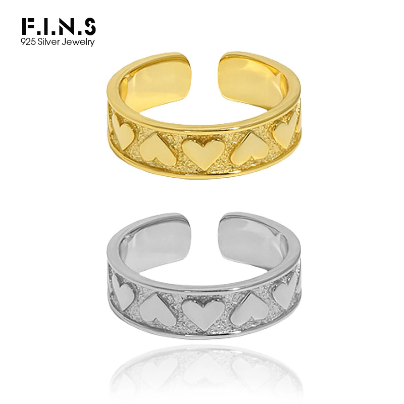 

F.I.N.S Minimalist Pure S925 Sterling Silver Gold Open Adjustable Ring Luxury Wedding Love Heart Resizable Finger Ring Jewelry