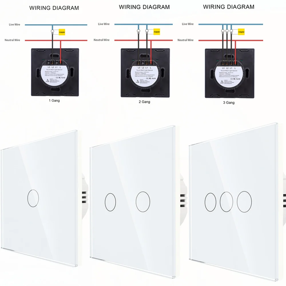 

EU Standard Wall Touch Switch 240V Tempered Crystal Glass Panel Power 1/2/3 Gang 1 Way Light Sensor Switches Waterproof