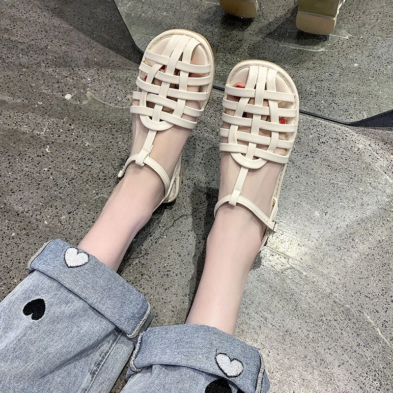 Roman Sandals Women's Summer 2022 New Fashion Simple Flat Beach Sandals Woven Hollow Open Toe Shoes Large Size Women's Shoes