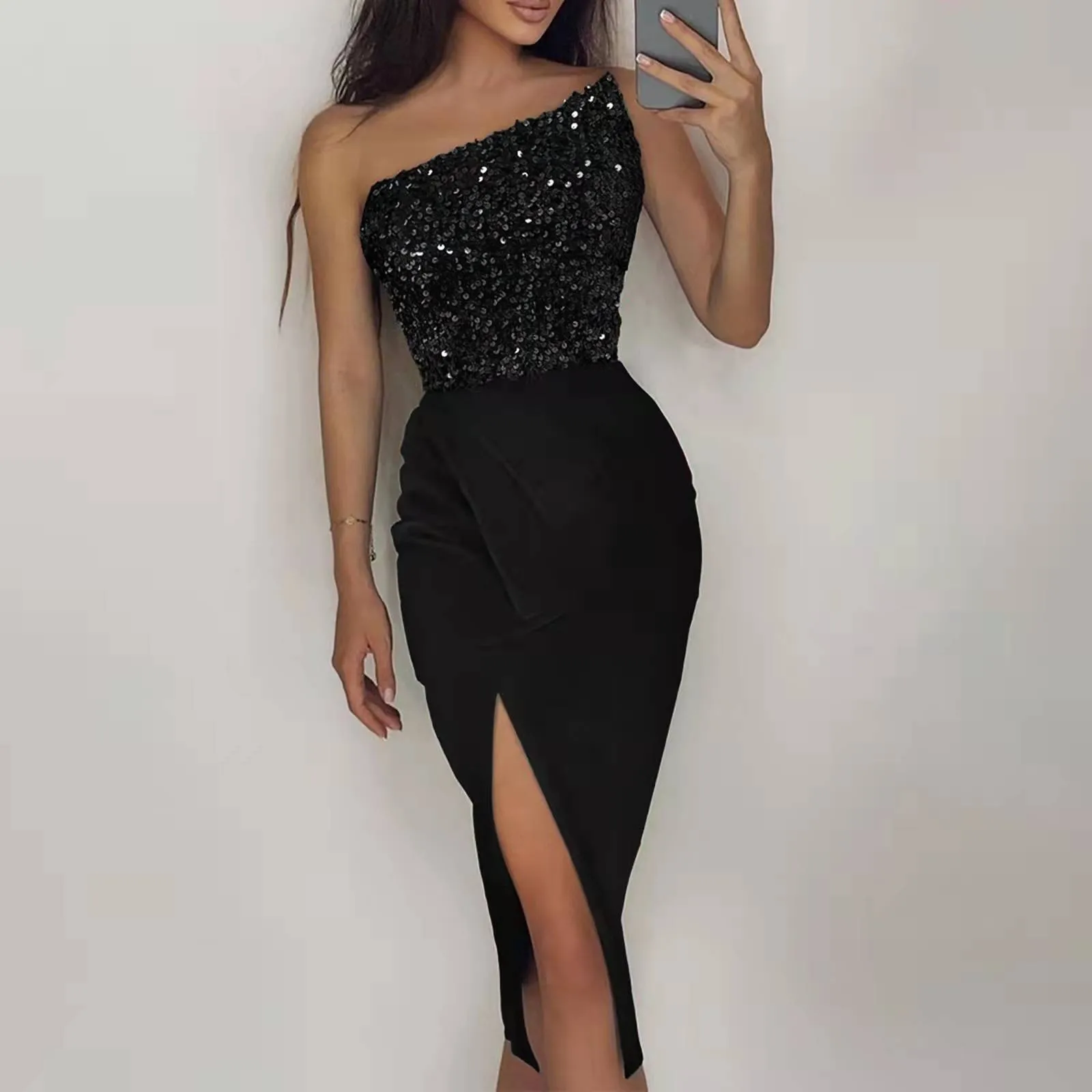 

Women Sexy One Shoulder Solid Color Sequin Slit Long Skirt Evening Party Dress