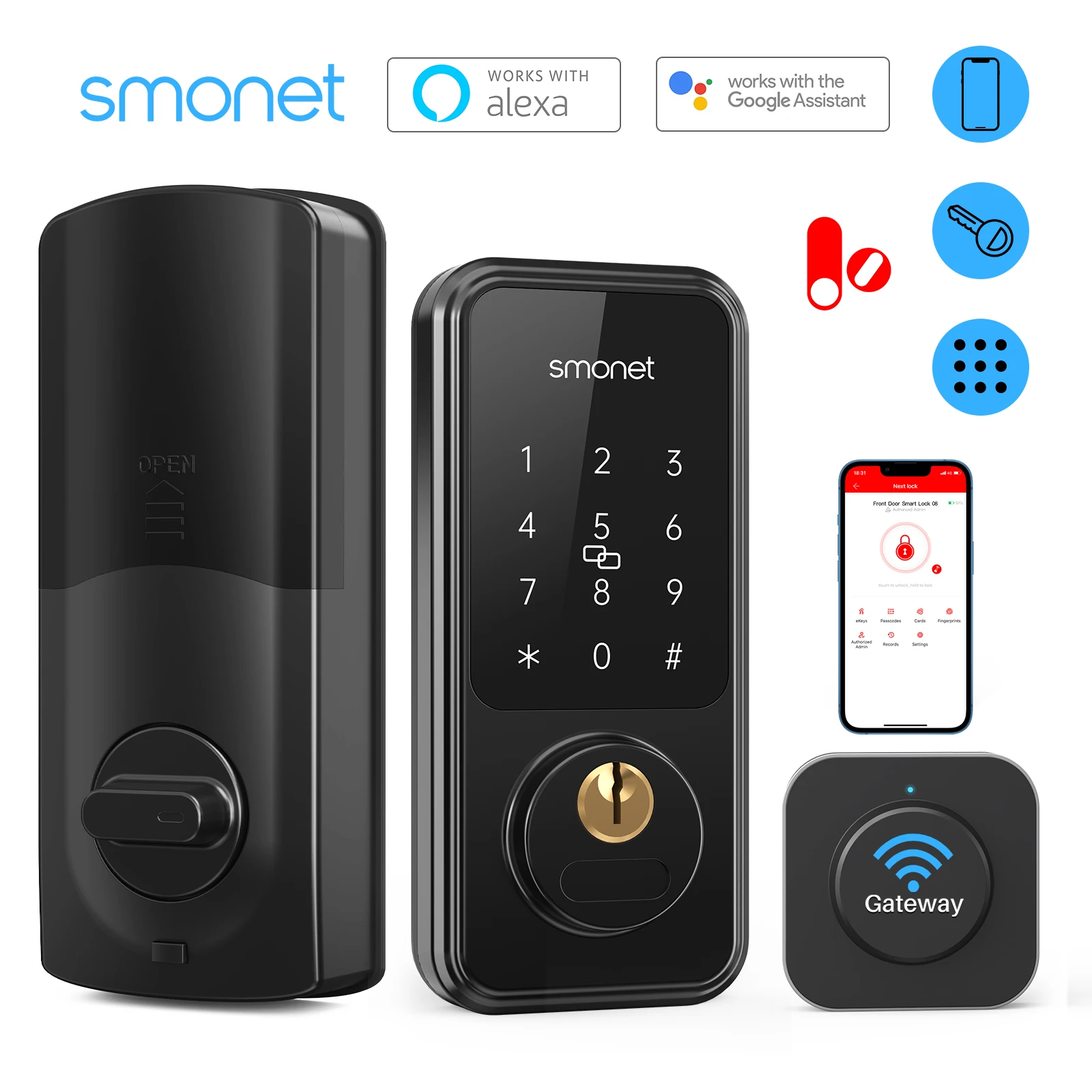

Smonet Smart Locks for Front Door with G2 Gateway Bluetooth WiFi App Keyless Entry Keypad Electronic Deadbolt Locks for Home
