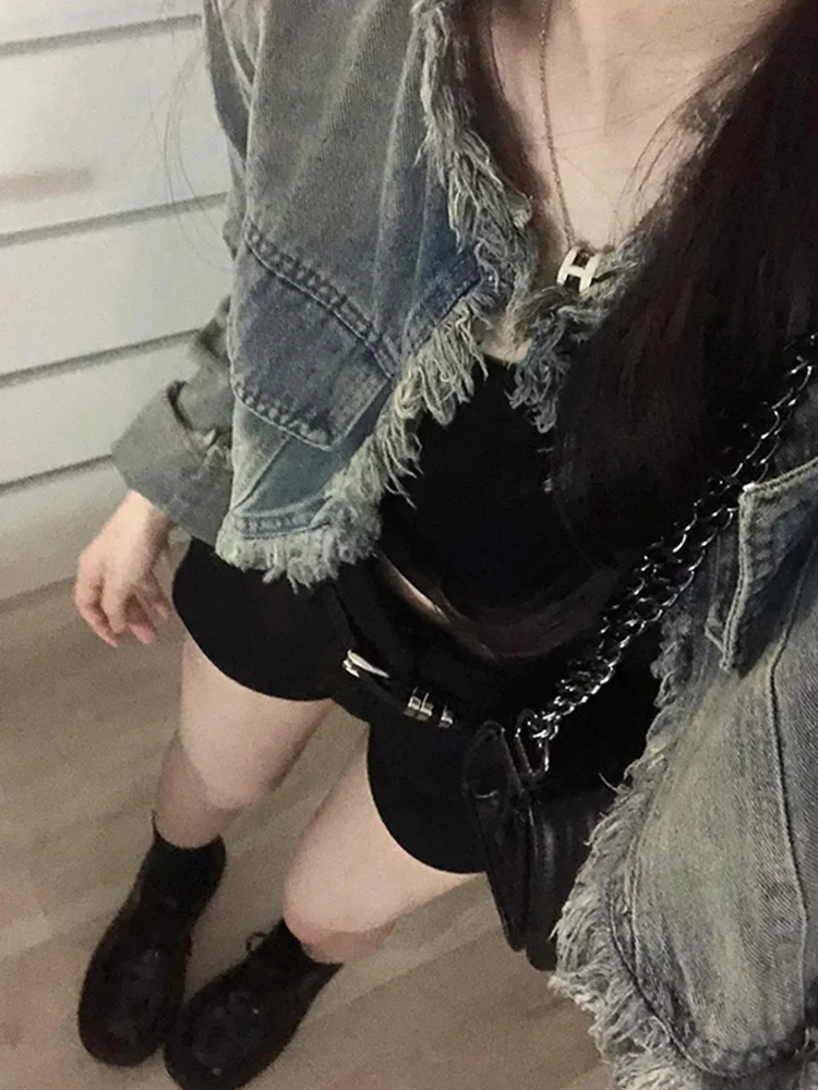 Plus Size American Fashion Brand Short Denim Cardigan Outerwear Women Chic Tassel Design Sense Gyaru Top