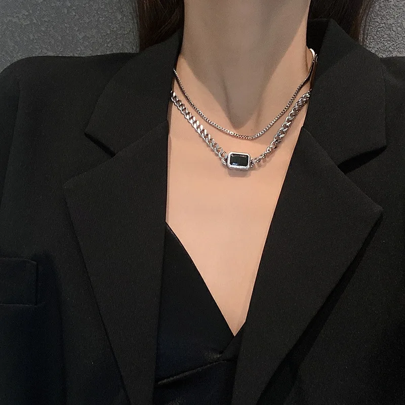 

Unisex Men Female Square Stone Pendant Women Christmas Choker Chunky Generous Simple Double Layers Temperament Fashion Necklace