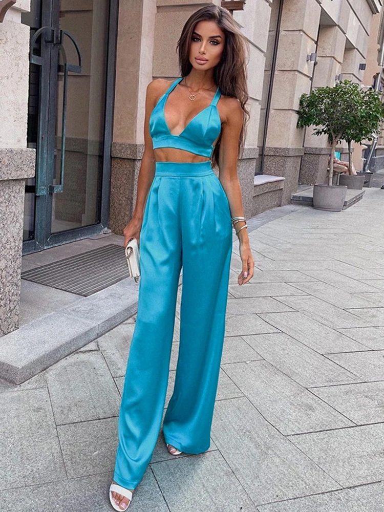 

Silky Crop Top and Pants 2 Piece Set for Women Matching Sets Outfits Sexy High Waist Pants Streetwear